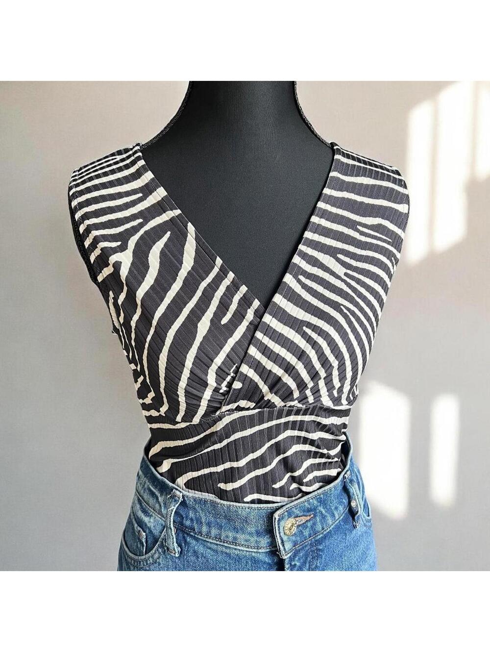H&M Zebra Print Sleeveless Wrap Bodysuit Black White Ribbed Knit Stretch S